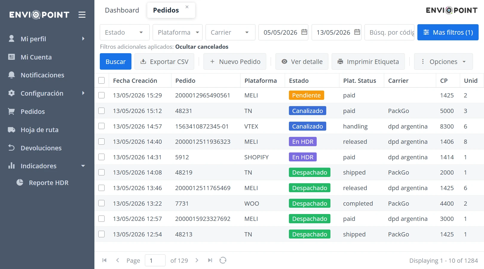 Listado de pedidos del OMS con plataforma, estado y carrier